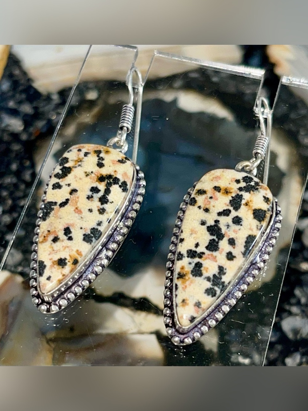 Speckled Teardrop Dalmatian Stone Crystal Earrings 2”